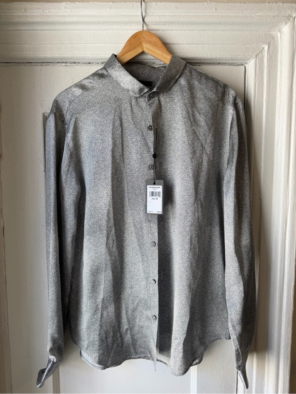 John Varvatos Metallic Silver Shimmer Button-Up Blouse